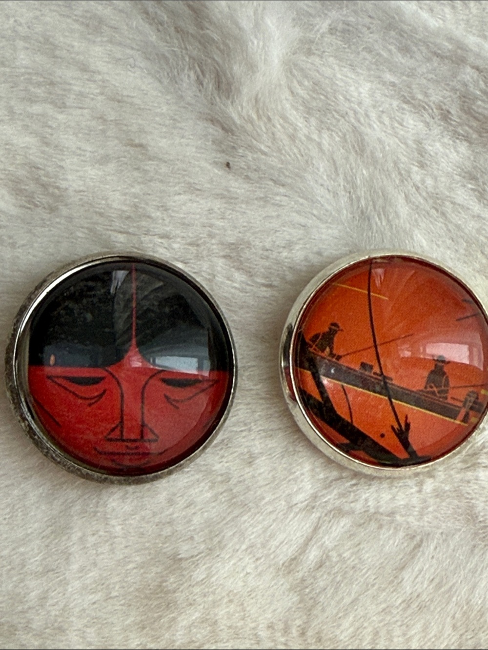 Charley Harper Art Buttons Pair Fishermen Boat & Red Face MCM